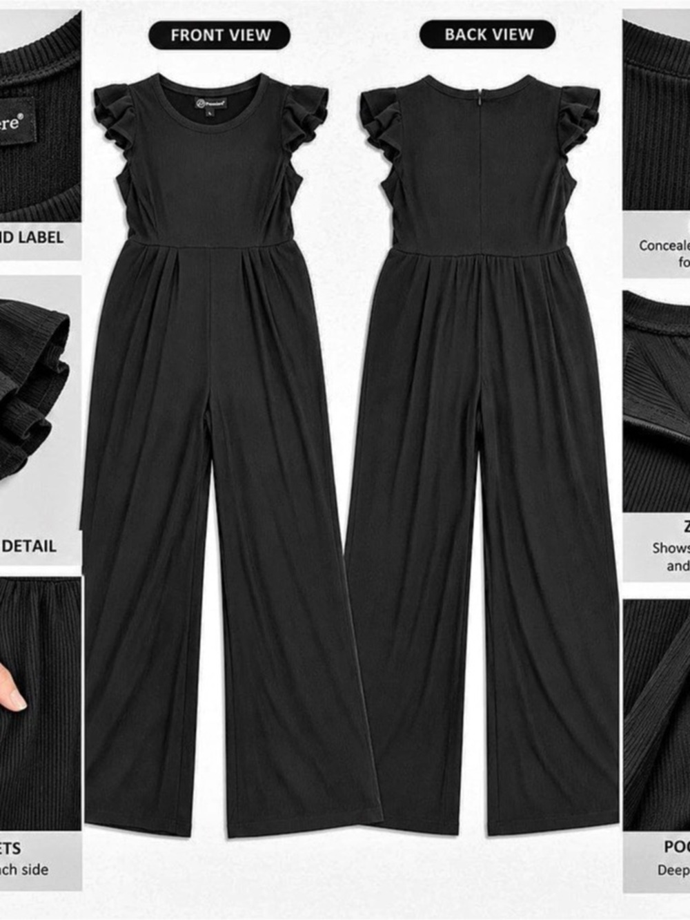 Premier Ribbed Flutter Sleeve Jumpsuit in Black Large Like New